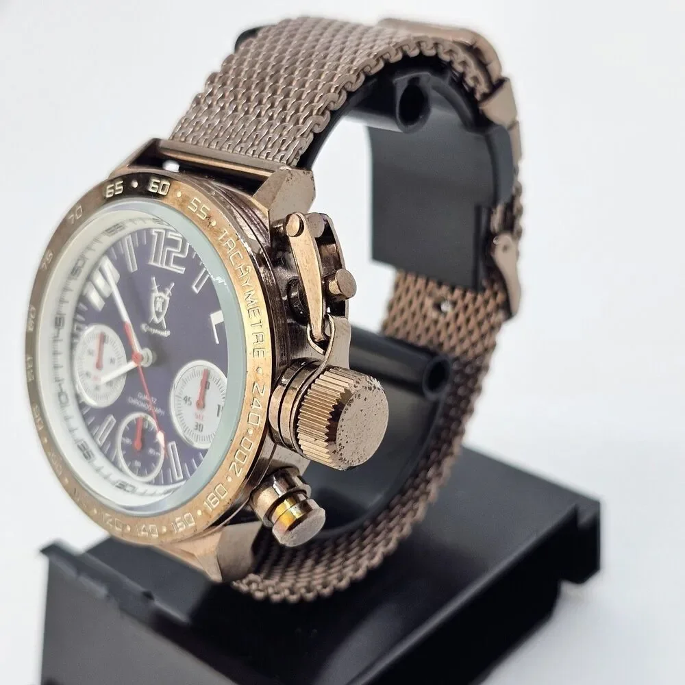 KONIGSWERK Men's Watch 45MM Large Case Black Dial‎ Brown Mesh Bands New Battery